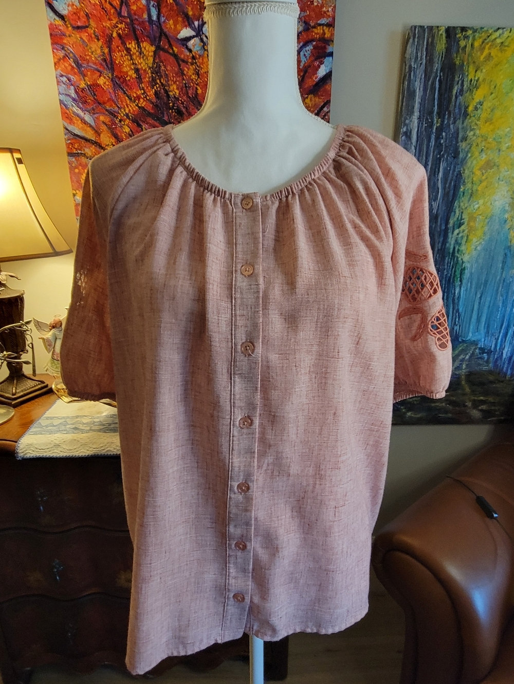 Women’s Short-Sleeve Button Front Blouse in Dusty Rose